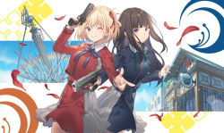 Rule 34 | 2girls, ;), black dress, black hair, blonde hair, blue bow, bow, breasts, building, closed mouth, commentary request, dress, green bow, grey dress, gun, handgun, holding, holding gun, holding weapon, inoue takina, long hair, long sleeves, looking at viewer, lycoris recoil, medium breasts, multiple girls, nishikigi chisato, one eye closed, pleated dress, purple eyes, red dress, red eyes, rie (reverie), sign, smile, two-tone dress, very long hair, weapon