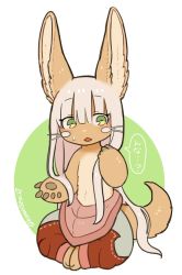 Rule 34 | 1other, animal ears, artist name, catchphrase, furry, green eyes, kawasemi27, made in abyss, nanachi (made in abyss), open mouth, other focus, tagme, tail, white background, white hair