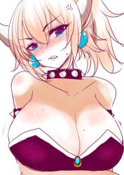 Rule 34 | 1girl, anger vein, angry, armlet, black collar, black dress, blonde hair, blue eyes, blush, borrowed design, bowsette, breast hold, breasts, cleavage, collar, commentary, crossed arms, crown, dress, earrings, embarrassed, frown, grimace, han (jackpot), head tilt, horns, huge breasts, jewelry, looking at viewer, mario (series), medium hair, motion lines, new super mario bros. u deluxe, nintendo, pointy ears, sharp teeth, solo, spiked armlet, spiked collar, spikes, strapless, strapless dress, sweat, symbol-only commentary, teeth, upper body, white background