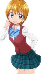 Rule 34 | 00s, 1girl, :p, bow, bowtie, brown eyes, brown hair, futari wa precure, hand on own hip, looking at viewer, misumi nagisa, oimanji, plaid, plaid skirt, precure, school uniform, simple background, skirt, solo, tongue, tongue out, white background