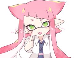 Rule 34 | 1girl, blue necktie, collared shirt, diagonal bangs, eyelashes, finger to cheek, green eyes, inkling, inkling girl, inkling player character, inuowour, long hair, looking at viewer, necktie, nintendo, pink hair, pointy ears, shirt, solo, splatoon (series), tentacle hair, tongue, tongue out, transparent background, upper body, white shirt