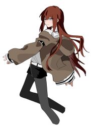 1girl belt black_pantyhose black_shorts blue_eyes bright_pupils brown_jacket closed_mouth collared_shirt commentary cropped_legs feet_out_of_frame highres jacket light_smile long_hair long_sleeves looking_at_viewer makise_kurisu pantyhose red_hair shirt shorts simple_background sleeves_past_wrists solo steins;gate suehiroch0 white_background white_pupils white_shirt