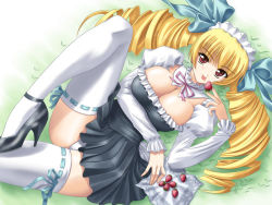 Rule 34 | 1girl, :p, blonde hair, bow, bow legwear, breasts, cleavage, cleavage cutout, clothing cutout, dress, drill hair, dutch angle, eating, food, frills, from above, fruit, grass, hair bow, high collar, high heels, holding, kishi nisen, large breasts, leg up, long hair, lying, maid, maid headdress, napkin, naughty face, neck ribbon, on back, on ground, oshioki sweetie, outdoors, panties, pantyshot, pleated dress, red eyes, ribbon, shinmeiji rinn, shirt, shoes, short dress, solo, strawberry, taut clothes, taut shirt, thighhighs, tongue, tongue out, twin drills, underwear, wallpaper, white panties