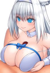 Rule 34 | 1boy, 1girl, absurdres, animal ear fluff, animal ears, asamura hiori, bare shoulders, blue eyes, blush, breasts, breasts squeezed together, cat ears, cat girl, cleavage, closed mouth, detached collar, detached sleeves, dobrynya nikitich (fate), dress, fate/grand order, fate (series), hairband, hetero, highres, large breasts, long hair, low ponytail, paizuri, penis, thighs, white dress, white hair