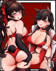 Rule 34 | 2girls, absurdres, animal ears, ass, atago (azur lane), azur lane, bikini, black choker, black gloves, black hair, black legwear, blush, bow, breasts, brown eyes, chickenvomit, choker, cleavage, collarbone, covered erect nipples, elbow gloves, extra ears, from behind, garter belt, gloves, hair bow, hair flaps, highres, huge filesize, large breasts, long hair, looking at viewer, mole, mole under eye, multiple girls, open mouth, ponytail, red bikini, red bow, red gloves, swept bangs, swimsuit, takao (azur lane), thighhighs, very long hair