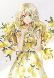 Rule 34 | 1girl, blonde hair, blue eyes, blush, braid, bug, butterfly, commentary request, cowboy shot, dress, earrings, food, food-themed earrings, french braid, fruit, gradient hair, grey background, hagiwara rin, half updo, insect, jewelry, lemon, lemon slice, long hair, looking at viewer, multicolored hair, nail polish, original, platinum blonde hair, print dress, revision, sidelocks, sleeveless, sleeveless dress, solo, sparkle, yellow nails