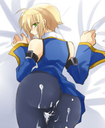 Rule 34 | 1boy, aftersex, arc system works, ass, bare shoulders, bed sheet, blazblue, blonde hair, cum, cum on ass, from behind, green eyes, kisaragi jin, looking back, male focus, military, military uniform, sheet grab, short hair, solo, uniform