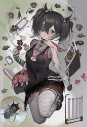 Rule 34 | 1girl, absurdres, bag, black eyes, black flower, black hair, black nails, blood, blood on hands, bruise, bug, choker, eyeball, eyepatch, flower, fly, framed image, full body, hair between eyes, hair ornament, hairclip, head tilt, heart, highres, injury, insect, lace, lace-trimmed legwear, lace trim, lock, looking at viewer, mole, mole under eye, nail polish, self-harm, smoke, smoking, solo, twintails, xianchong shi
