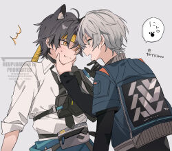 2boys 310_(satopoppo) ? ahoge animal_ears asaba_harumasa black_hair blue_jacket blush cat_ears closed_eyes drunk gloves grabbing_another&#039;s_chin grey_hair hair_between_eyes hairband half-closed_eyes hand_on_another&#039;s_chin jacket kiss multiple_boys open_clothes open_jacket shirt simple_background speech_bubble surprised watermark white_shirt wise_(zenless_zone_zero) yaoi yellow_eyes yellow_hairband zenless_zone_zero