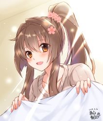 Rule 34 | 1girl, artist logo, bed sheet, beige sweater, brown hair, cherry blossoms, commentary request, dated, flower, hair flower, hair ornament, kantai collection, light rays, long hair, looking at viewer, mashiro yukiya, one-hour drawing challenge, open mouth, ponytail, smile, solo, sunbeam, sunlight, upper body, yamato (kancolle)