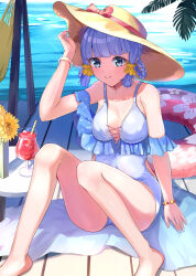 Rule 34 | 1girl, 310setsu, ayaka (genshin impact), bare legs, bare shoulders, barefoot, blue eyes, blue hair, blue nails, blunt bangs, bracelet, braid, breasts, cleavage, closed mouth, drink, floral print, flower, genshin impact, hair ornament, hair scrunchie, hair up, hand on headwear, hand up, highres, jewelry, knees up, legs, light blue hair, looking at viewer, medium breasts, mole, mole under eye, nail polish, ocean, official alternate costume, one-piece swimsuit, scrunchie, sitting, smile, solo, sunflower, swimsuit, yellow scrunchie