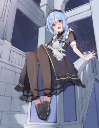 Rule 34 | 1girl, :d, absurdres, airenif, apron, black dress, black gloves, black pantyhose, blue eyes, blue hair, braid, breasts, cleavage, dress, frilled apron, frills, gloves, grey apron, hat, highres, hololive, hoshimachi suisei, hoshimachi suisei (maid), long hair, long skirt, looking at viewer, night, night sky, nurse cap, official alternate costume, official alternate hair length, official alternate hairstyle, on railing, open mouth, pantyhose, railing, see-through, see-through cleavage, see-through legwear, see-through sleeves, short sleeves, side braid, side slit, single braid, sitting, skirt, sky, small breasts, smile, solo, stairs, star (sky), star (symbol), star in eye, starry sky, strappy heels, symbol in eye, virtual youtuber, yellow-framed eyewear