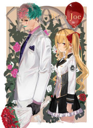 Rule 34 | 1boy, 1girl, black gloves, black skirt, blonde hair, bouquet, bow, breasts, brown hair, closed mouth, collared shirt, closed eyes, facial mark, flower, formal, frilled skirt, frills, gloves, green hair, hair bow, highres, holding, holding bouquet, isshiki (ffmania7), jacket, joe rikiichi, long hair, long sleeves, looking at viewer, medium breasts, multicolored hair, necktie, nijisanji, pants, pink flower, pink hair, pink rose, pink shirt, print neckwear, purple neckwear, red bow, red eyes, red flower, red rose, rose, shirt, skirt, smile, suit, takamiya rion, twintails, two-tone hair, very long hair, virtual youtuber, white jacket, white pants