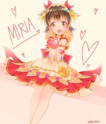 Rule 34 | 10s, 1girl, akagi miria, bad id, bad pixiv id, black hair, blush, brown eyes, headband, heart, highres, idolmaster, idolmaster cinderella girls, idolmaster cinderella girls starlight stage, mairo, open mouth, plaid, ribbon-trimmed clothes, ribbon trim, short hair, smile, solo, twintails, two side up