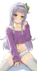 Rule 34 | 1girl, alternate costume, asymmetrical hair, athenawyrm, between legs, black hairband, blunt bangs, blush, breasts, casual, collarbone, commentary, cropped sweater, english commentary, feet out of frame, grey hair, hair bun, hairband, hand between legs, hexagon hair ornament, highres, hololive, long hair, long sleeves, looking at viewer, micro shorts, midriff, murasaki shion, nail polish, navel, orange eyes, parted lips, pink nails, purple sweater, shorts, sidelocks, simple background, single off shoulder, single side bun, sitting, sleeves past wrists, small breasts, solo, spread legs, straight hair, sweater, thighhighs, thighs, virtual youtuber, white background, white shorts, white thighhighs