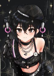 Rule 34 | 1girl, absurdres, arms behind back, asymmetrical clothes, black choker, black footwear, black hair, black headwear, blush, breasts, chain, chain necklace, choker, cleavage, collarbone, detached hair, hair between eyes, highres, idolmaster, idolmaster cinderella girls, jewelry, looking at viewer, medium breasts, mole, mole under eye, navel, necklace, piepiep, sidelocks, signature, single bare shoulder, smile, solo, sparkle, sunazuka akira, twintails