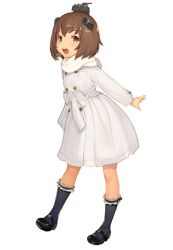 Rule 34 | 1girl, :d, alternate costume, black footwear, black socks, blush, bow, brown eyes, brown hair, buttons, coat, double-breasted, frills, headgear, kantai collection, km yama, kneehighs, legs apart, long sleeves, mary janes, open mouth, round teeth, scarf, shoes, short hair, simple background, smile, socks, solo, standing, tareme, teeth, white background, white bow, white coat, white scarf, winter clothes, winter coat, yukikaze (kancolle)