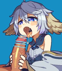 1boy 1girl after_fellatio bar_censor blue_background blue_eyes censored commentary_request cum cum_in_mouth cum_string granblue_fantasy grey_hair head_wings hetero highres open_mouth osimder penis_grab pixel_art shirt simple_background sleeveless sleeveless_shirt solo_focus tongue tongue_out wamdus_(granblue_fantasy) wings