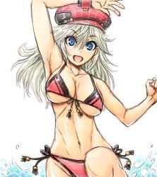 Rule 34 | 10s, 1girl, alisa ilinichina amiella, amania orz, bikini, blue eyes, blush, breasts, cabbie hat, cleavage, god eater, god eater burst, hat, large breasts, long hair, looking at viewer, namco, open mouth, panties, red panties, silver hair, simple background, smile, solo, swimsuit, underboob, underwear, water, wet, white background