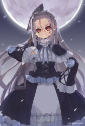 Rule 34 | 1girl, bell line gown, black dress, blood, blood on face, btoor, capelet, corset, cowboy shot, cross-laced clothes, dress, frills, full moon, hand on own hip, head tilt, lolita fashion, long hair, looking at viewer, moon, red eyes, silver hair, solo, standing, very long hair