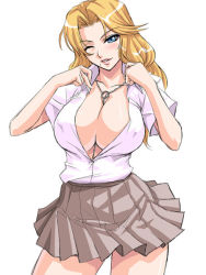 Rule 34 | 00s, 1girl, ;), between breasts, bleach, blonde hair, blue eyes, blush, breasts, buttons, chain, cleavage, cowboy shot, dress shirt, flipped hair, grey skirt, head tilt, huge breasts, jewelry, kagami hirotaka, long hair, looking at viewer, matsumoto rangiku, miniskirt, mole, mole under mouth, necklace, no bra, one eye closed, open clothes, open shirt, pleated skirt, reference work, school uniform, serafuku, shirt, short sleeves, simple background, skirt, smile, solo, standing, wavy hair, white background, wing collar, wink