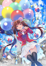 Rule 34 | 1girl, animal ears, artist name, balloon, bear ears, black thighhighs, blazer, blurry, blurry background, blush, bow, bowtie, breasts, brown eyes, brown hair, castle, cloud, cloudy sky, collared shirt, dutch angle, fang, floating hair, hair between eyes, hair ornament, hairclip, hano haruka, highres, holding, holding balloon, jacket, knees together feet apart, light particles, long hair, long sleeves, looking at viewer, medium breasts, open mouth, original, pink bow, pink bowtie, plaid, plaid skirt, red jacket, shirt, skin fang, skirt, sky, solo, thighhighs, twintails, v, very long hair, white shirt, white skirt, zettai ryouiki