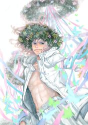Rule 34 | 1boy, abs, blue eyes, bug, butterfly, fate/grand order, fate (series), flower, grey hair, head wreath, insect, jacket, oberon (fate), oberon (refreshing summer prince) (fate), official alternate costume, official art, open clothes, open shirt, pants, streamers, umino chika, white jacket, white pants