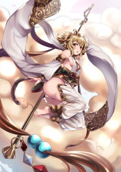 Rule 34 | 10s, 1girl, andira (granblue fantasy), animal ears, ass, barefoot, blonde hair, blush, breasts, cleavage cutout, clothing cutout, cloud, detached pants, detached sleeves, erune, feet, flying nimbus, granblue fantasy, hairband, hiememiko, highres, holding, holding weapon, looking at viewer, medium breasts, monkey ears, monkey girl, monkey tail, short hair, sideboob, solo, staff, tail, thighhighs, thighs, toes, weapon, yellow eyes