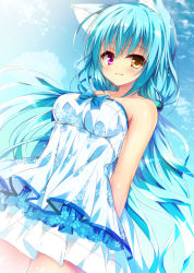 Rule 34 | 1girl, :3, animal ears, arms behind back, bare shoulders, blue hair, blue neckwear, blush, cat ears, collarbone, commentary request, day, dress, hair ornament, heterochromia, huei nazuki, light blush, long hair, looking at viewer, orange eyes, original, outdoors, pink eyes, solo, strapless, strapless dress, very long hair