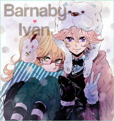 Rule 34 | 10s, 2boys, bad id, bad pixiv id, barnaby brooks jr., bear hat, blonde hair, character name, covering own mouth, earmuffs, glasses, green eyes, ivan karelin, male focus, multiple boys, purple eyes, red-framed eyewear, scarf, scarf over mouth, short hair, tiger &amp; bunny, tomomi0201, v, winter, winter clothes