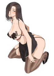 Rule 34 | 1girl, ass, bare shoulders, black bra, black eyes, black hair, blush, bra, breasts, brown thighhighs, cleavage, garter straps, hair over one eye, highres, kneehighs, large breasts, long hair, martha (throtem), mary janes, original, parted lips, shoes, simple background, skirt, socks, solo, thighhighs, throtem, underwear, white background