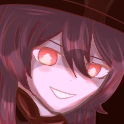 Rule 34 | 1girl, blush, brown hair, commentary request, female focus, flower-shaped pupils, genshin impact, hat, headshot, highres, hu tao (genshin impact), portrait, purpxlina, red eyes, self-upload, simple background, smile, solo, symbol-shaped pupils, watermark, yellow eyes