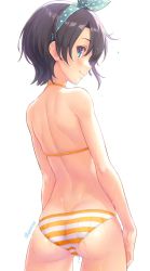 Rule 34 | 1girl, ass, back, bare arms, bare shoulders, bikini, black hair, blue bow, blue eyes, blue hairband, blush, bow, bow hairband, closed mouth, commentary, dan (kumadan), dimples of venus, from behind, hairband, highres, hololive, looking at viewer, looking back, oozora subaru, oozora subaru (hololive summer 2019), orange bikini, outdoors, polka dot, polka dot hairband, profile, short hair, simple background, smile, solo, striped bikini, striped clothes, swimsuit, virtual youtuber, wet, white background