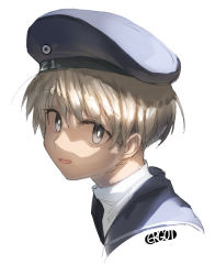 Rule 34 | 1girl, artist name, blue eyes, blue hat, blue sailor collar, ergot, hat, head only, kantai collection, looking at viewer, portrait, sailor collar, sailor hat, short hair, silver hair, simple background, solo, upper body, white background, z1 leberecht maass (kancolle)