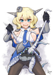 Rule 34 | 1girl, abyssal ship, akashieru, blonde hair, blue eyes, blue necktie, blush, braid, breasts, capelet, colorado (kancolle), cowboy shot, dress, elbow gloves, embarrassed, enemy naval mine (kancolle), garrison cap, gloves, grey capelet, grey dress, grey gloves, grey hat, hat, headgear, highres, kantai collection, large breasts, necktie, open mouth, panties, panties under pantyhose, pantyhose, pleated dress, restrained, shirt, short hair, side braids, sideboob, sideless shirt, signature, sleeveless, solo, tentacles, tentacles under clothes, underwear, white background, white shirt