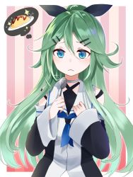 Rule 34 | 10s, 1girl, black ribbon, blue eyes, blue neckerchief, blush, detached sleeves, food, frown, green hair, hair between eyes, hair flaps, hair ornament, hair ribbon, hairclip, halterneck, hands on own chest, hands up, holding, holding spoon, kantai collection, long hair, looking down, neckerchief, omelet, omurice, ponytail, ribbon, school uniform, serafuku, solo, spoon, striped, striped background, thinking, thought bubble, upper body, vertical stripes, wide sleeves, yamakaze (kancolle), yuna (yukiyuna)