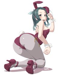 Rule 34 | 1girl, animal ears, ass, blush, dated, dd (ijigendd), detached collar, fake animal ears, fake tail, green hair, grey eyes, grey pantyhose, high heels, kantai collection, leotard, looking at viewer, open mouth, pantyhose, rabbit ears, rabbit tail, red footwear, red leotard, shadow, shoe soles, short hair, simple background, solo, suzunami (kancolle), tail, twitter username, white background, wrist cuffs