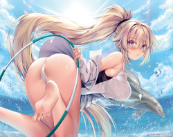 Rule 34 | 1girl, ass, backlighting, barefoot, blurry, blush, bow, breasts, clothing cutout, collarbone, commentary request, competition swimsuit, day, depth of field, fate/grand order, fate (series), feet, from behind, hair between eyes, hair bow, high ponytail, hood, hood down, hooded jacket, jacket, jeanne d&#039;arc (fate), jeanne d&#039;arc (ruler) (fate), jeanne d&#039;arc (swimsuit archer) (fate), jeanne d&#039;arc (swimsuit archer) (second ascension) (fate), large breasts, light particles, long hair, looking at viewer, navel cutout, obiwan, one-piece swimsuit, open clothes, open jacket, outdoors, parted lips, pink lips, ponytail, see-through, sidelocks, sky, soles, solo, sun, sunlight, swimsuit, thighs, toes, twitter username, very long hair, water, water drop, wet, wet clothes, wet swimsuit, whistle, white jacket, white one-piece swimsuit