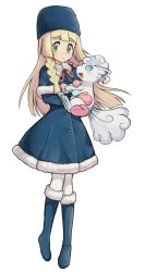 Rule 34 | 1girl, :d, alolan form, alolan vulpix, alternate costume, blonde hair, blue capelet, blue dress, blue eyes, blue footwear, blue hat, boots, braid, buttons, capelet, closed mouth, commentary, creatures (company), dress, expressionless, floating hair, full body, fur-trimmed boots, fur-trimmed dress, fur-trimmed sleeves, fur hat, fur trim, game freak, gen 7 pokemon, green eyes, hat, holding, knee boots, lillie (pokemon), long hair, long sleeves, looking at viewer, meis (terameisu), mittens, neck ribbon, nintendo, open mouth, pink mittens, pink ribbon, pokemon, pokemon (anime), pokemon (creature), pokemon sm (anime), ribbon, short dress, sidelocks, simple background, smile, standing, straight hair, tareme, thighhighs, twin braids, white background, white thighhighs