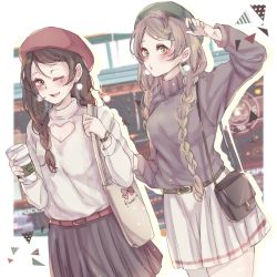 Rule 34 | 10s, 2girls, absurdres, alternate hairstyle, bad id, bad pixiv id, bag, belt, beret, braid, brown eyes, casual, cleavage cutout, clothing cutout, commentary request, cup, disposable cup, earrings, green eyes, grey hair, hair ornament, hairpin, hat, heart, heart cutout, highres, holding, holding cup, holding strap, jewelry, kashiwagi tsukiko, long hair, long sleeves, looking at viewer, love live!, love live! school idol project, minami kotori, multiple girls, one eye closed, shoulder bag, skirt, smile, sweater, turtleneck, twin braids, watch, wristwatch, yazawa nico