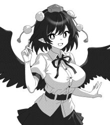 Rule 34 | 1girl, bird wings, breasts, buttons, collared shirt, feathered wings, greyscale, hat, large breasts, looking at viewer, monochrome, onkn sxkn, open mouth, pleated skirt, pointy ears, pom pom (clothes), shameimaru aya, shirt, short hair, short sleeves, simple background, skirt, smile, solo, tokin hat, touhou, white background, wings