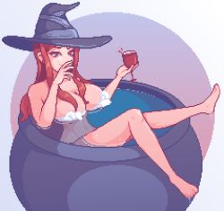 Rule 34 | 1girl, breasts, cauldron, convenient censoring, dragon&#039;s crown, hat, large breasts, long hair, lowres, pixel art, red hair, soap bubbles, soap censor, sorceress (dragon&#039;s crown), wannabepixels, witch hat