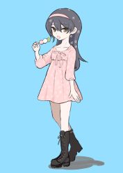 Rule 34 | 10s, 1girl, absurdres, banira (oocooocooocoo), black footwear, black hair, blue background, boots, brown eyes, casual, commentary, cross-laced footwear, dango, dress, floral print, flower, food, full body, girls und panzer, hair flower, hair ornament, hairband, highres, holding, holding food, lace-up boots, long hair, long sleeves, looking at viewer, medium dress, open mouth, pink dress, pink hairband, print dress, reizei mako, shadow, simple background, solo, standing, wagashi, walking