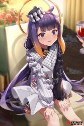 Rule 34 | 1girl, asymmetrical sleeves, black bow, bow, cup, dress, drinking glass, feet out of frame, flower, gradient hair, halo, hands on own thighs, hat, hololive, hololive english, long hair, looking at another, mismatched sleeves, mole, mole under eye, mujinbensin, multicolored hair, ninomae ina&#039;nis, ninomae ina&#039;nis (party dress), orange hair, purple eyes, purple hair, red flower, sidelocks, sitting, smile, solo focus, tentacle hair, very long hair, virtual youtuber, white bow, white dress