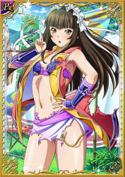 Rule 34 | 00s, 1girl, bare legs, blunt bangs, breasts, brown hair, card (medium), cleavage, day, female focus, grass, hand on own hip, ikkitousen, kuji-in, long hair, looking at viewer, miniskirt, ninja, outdoors, shiny skin, skirt, solo, sparkle, stomach, ten&#039;i (ikkitousen), torn clothes, torn skirt, very long hair