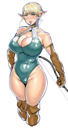 Rule 34 | 1girl, bad id, bad tumblr id, bare shoulders, belly, blonde hair, blush, boots, bow (weapon), breasts, cleavage, curvy, elbow gloves, elf-san wa yaserarenai., erufuda-san, gloves, green eyes, hand on own hip, highres, hip focus, large breasts, leotard, lips, looking at viewer, monochrome, parted lips, plump, pointy ears, short hair, simple background, solo, sweat, synecdoche, thick thighs, thigh boots, thighhighs, thighs, weapon, white background, wide hips