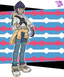 Rule 34 | 1boy, aged up, backpack, bag, black gloves, boots, bright pupils, clothes around waist, creatures (company), dark-skinned male, dark skin, denim, dreambig, egg, facial hair, full body, game freak, gloves, goatee, highres, hop (pokemon), jacket, jacket around waist, male focus, nintendo, pokemon, pokemon egg, pokemon swsh, purple hair, shoes, short hair, sleeves past elbows, smile, solo, standing, sweater, turtleneck, turtleneck sweater, watermark, white pupils, yellow eyes