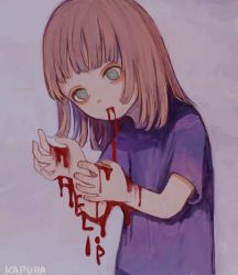 Rule 34 | 1girl, artist name, blood, blood on face, blood on hands, english text, grey background, hands up, highres, kapura, original, purple shirt, shirt, short sleeves, signature, solo, upper body