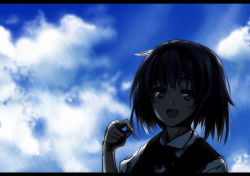 Rule 34 | 1girl, black hair, blue eyes, blue sky, cloud, day, letterboxed, matsuno canel, open mouth, original, sky, smile, solo