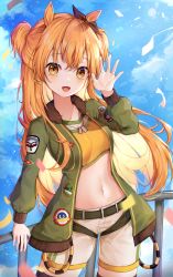 Rule 34 | 1girl, absurdres, animal ears, blush, crop top, dyen0610, green jacket, hair between eyes, highres, horse ears, horse girl, horse tail, huge filesize, jacket, long hair, long sleeves, looking at viewer, mayano top gun (umamusume), navel, open mouth, orange hair, ribbon, shorts, sky, smile, solo, tail, umamusume